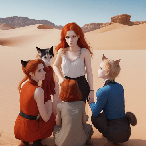 AI generated: Girl accompanied by five cats with brown eyes and red hair talking with a white blonde guy with blue...