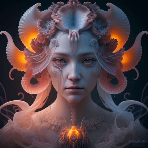 AI generated: Goddess close-up portrait ribcagel. jellyfish phoenix head, nautilus, orchid, skull, betta fish, bio...
