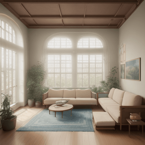 AI generated: High resolution photography interior design, dreamy sunken living room conversation pit, wooden floo...