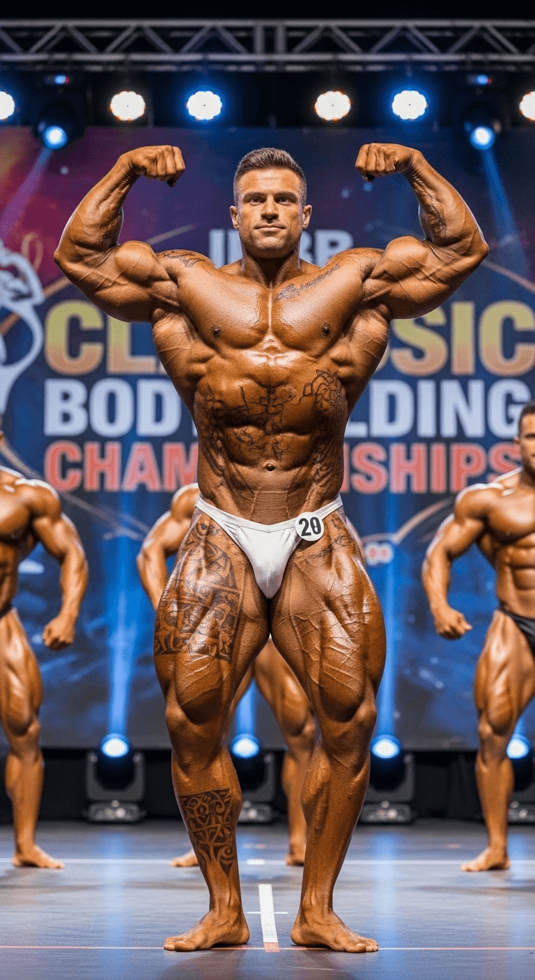 AI generated: A massive, ultra-muscular, handsome Brazilian IFBB pro bodybuilder in the heavyweight Classic Bodybu...