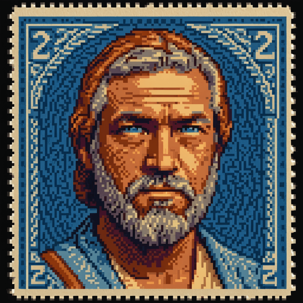 AI generated: 16 bit pixel art, vintage United States Postage Stamp, 2 cent stamp, Obi Wan Kenobi, blue ink, line ...