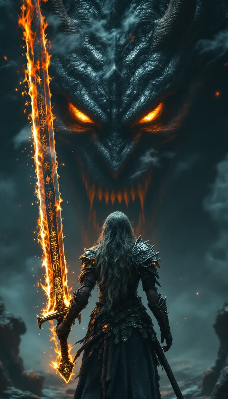 AI generated: In this captivating dark fantasy cinematic photo, a powerful barbarian woman dressed in light chainm...