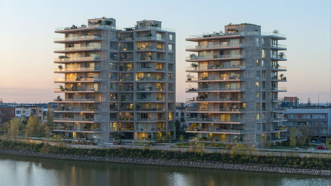 AI generated: conjunto de tres edificios residencial de 10 plantas, conectados por pasarelas cada tres de ellas, a...