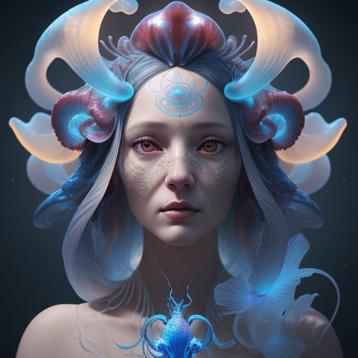 AI generated: Goddess close-up portrait ribcagel. jellyfish phoenix head, nautilus, orchid, skull, betta fish, bio...