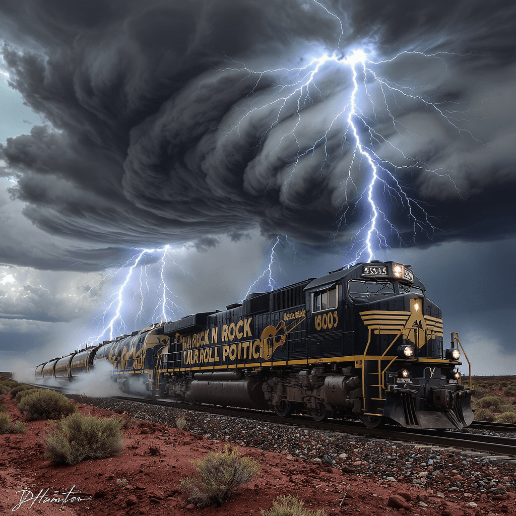AI generated: Hard Rock n Roll Train, Putting Corrupt Politicians on Notice, Military Tribunals. Rock on Amen, jus...