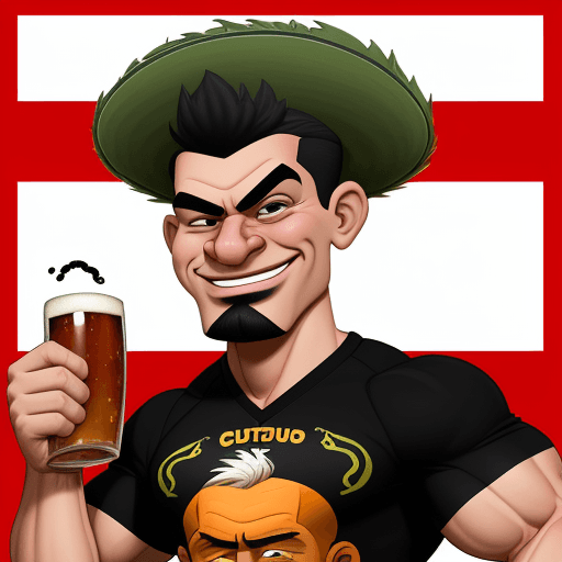 AI generated: a caricature that illustrates a strong soccer Fan, backround colour is black, with muscular arms, wh...