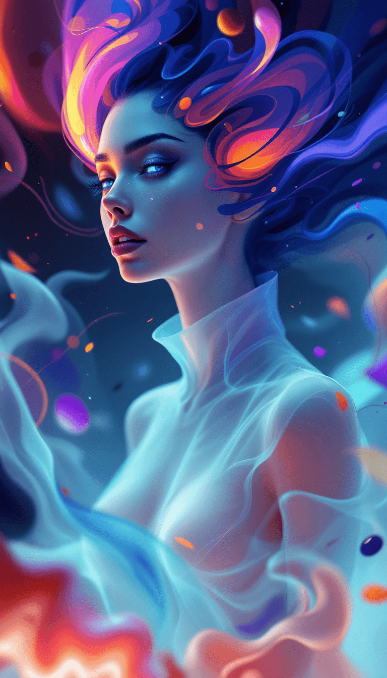 AI generated: An enigmatic and fluid character with no defined hair, but instead a flowing aura of vibrant colors....