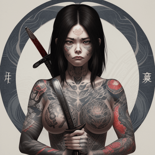 AI generated: This image is a digital illustration of a woman with tattoos on her skin, holding a sword with both ...