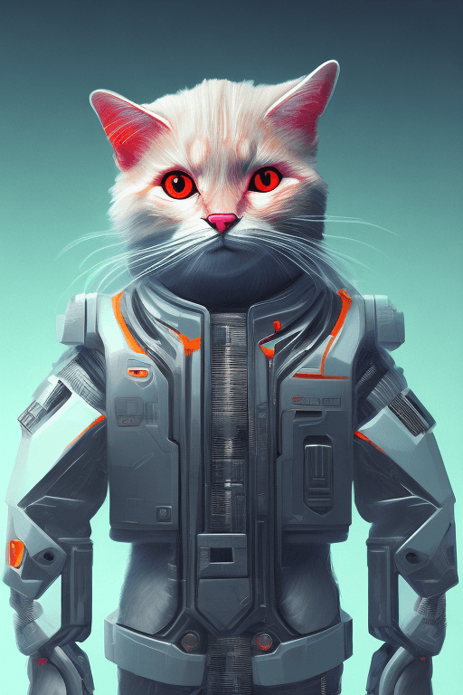 AI generated: isometric view of a MINI cute hyperrealistic futuristic soldier cat wearing cyberpunk jacket. orange...