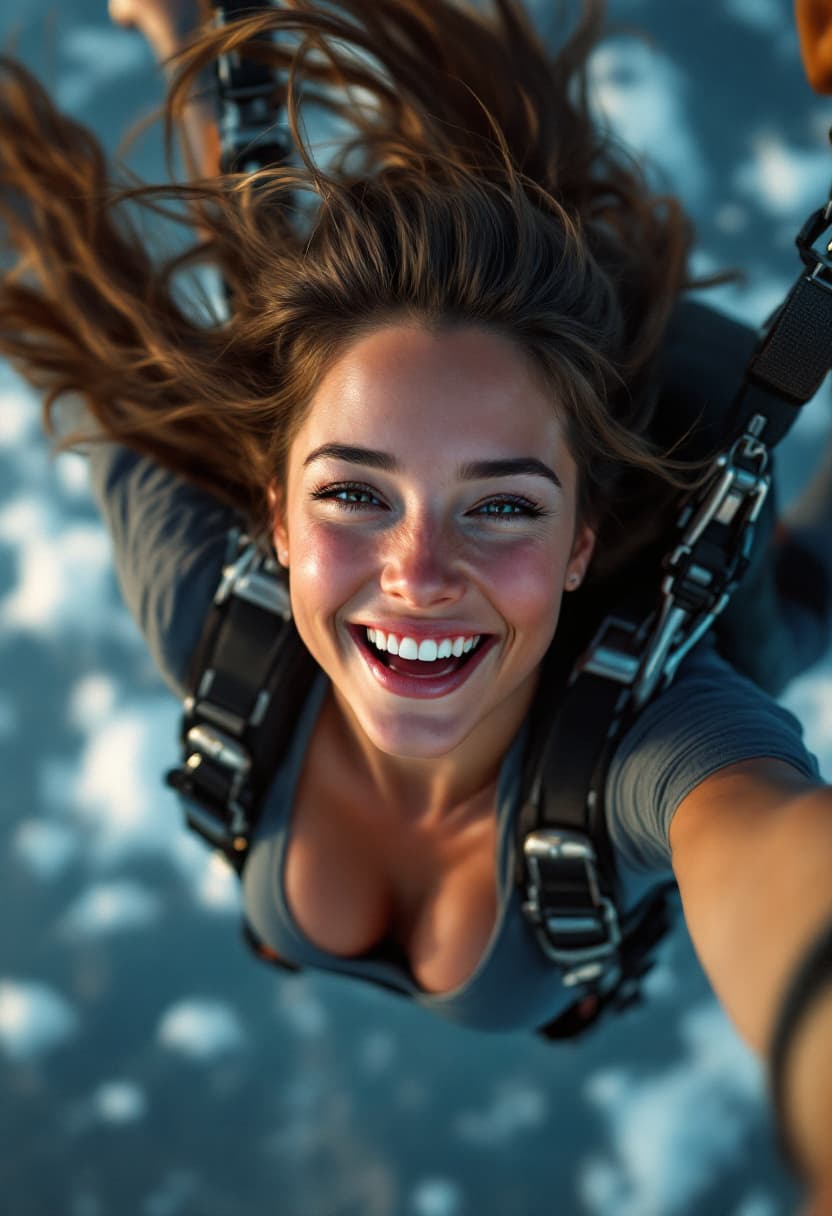 AI generated: 
Go back
female parachutist, jumping from plane, smile, selfie, motion, full body visible, detailed ...