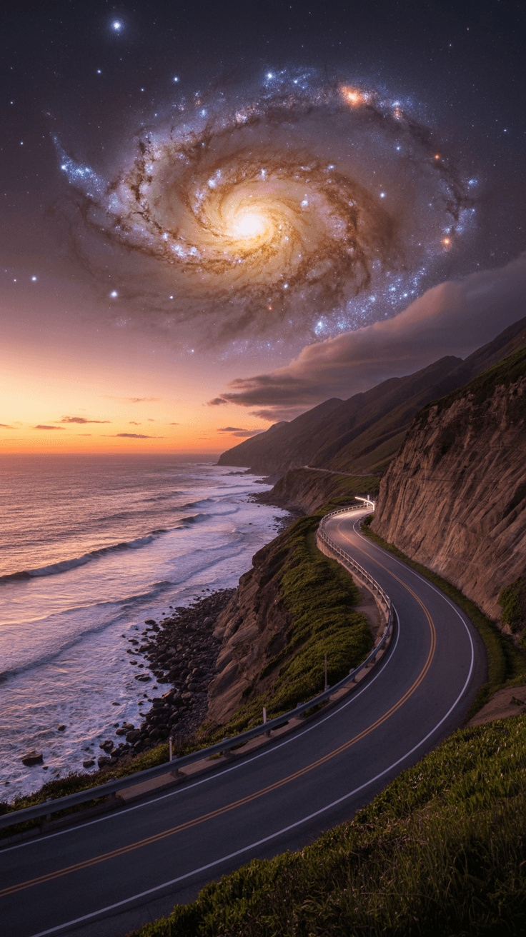 AI generated: a coastal cliffside road at sunset, ocean waves crashing below, glowing spiral galaxy with fiery cor...