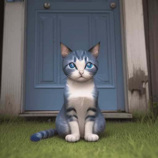AI generated: Create a close-up image of a little cat sitting in the grass in front of the door of an old, dilapid...