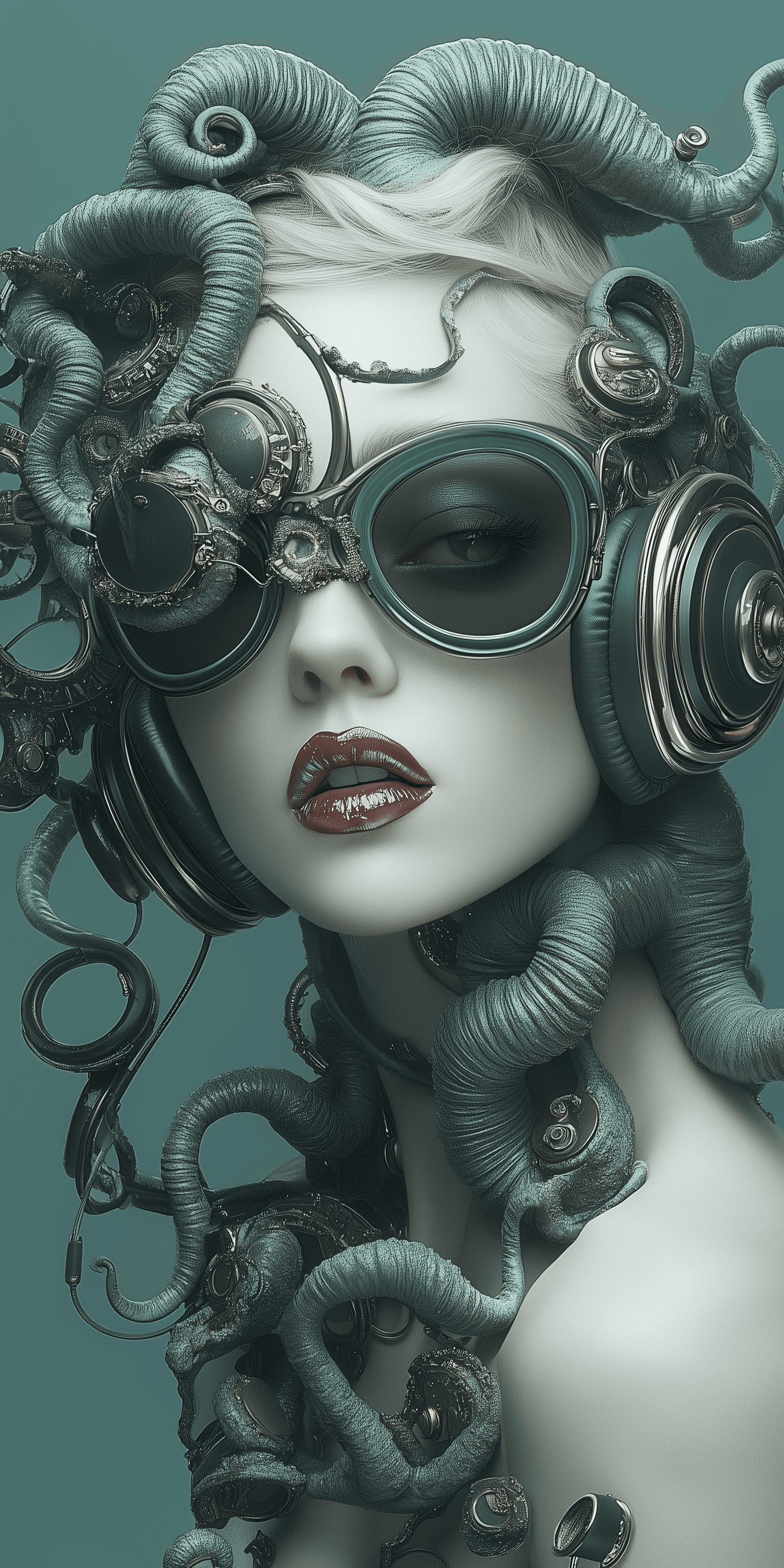AI generated: Medusa with steampunk glasses, wearing headphones and tentacles around her neck, hyper-realistic pho...