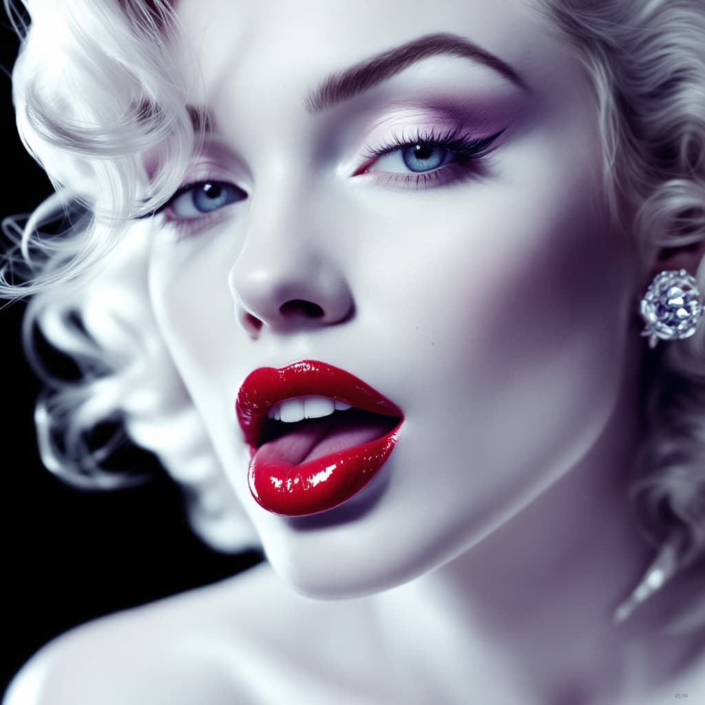 AI generated: white background, beautiful portrait of Marilyn Monroe in white and silver colors, with red lipstick...