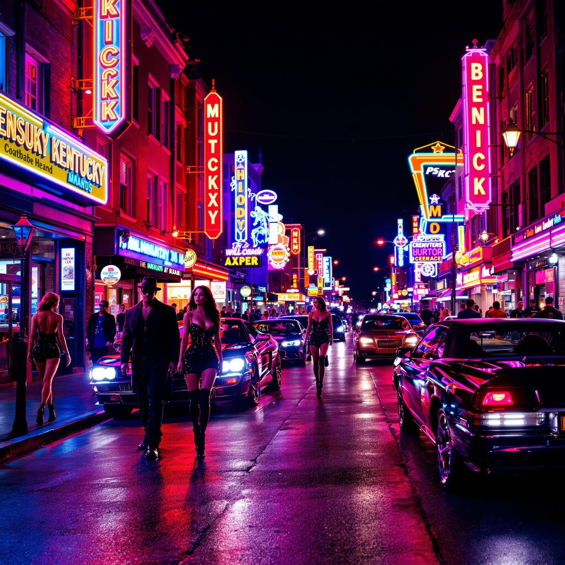 AI generated: 1.  Neon-lit Kentucky mainstreet, pimps and ladies strolling, luxury cars gleaming, night ambiance, ...