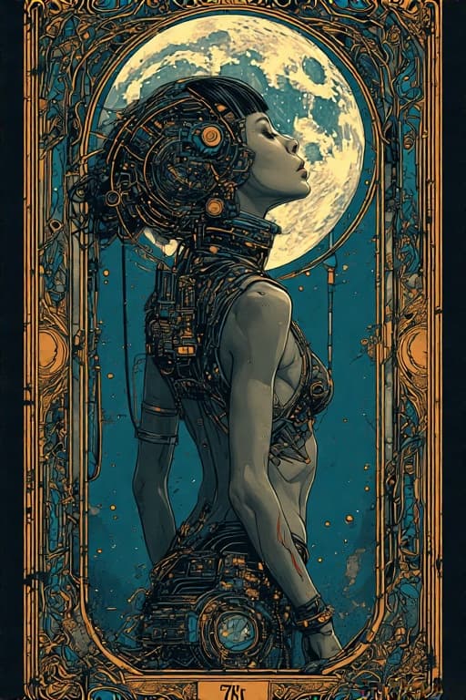 AI generated: tarot card with intricate detailed frame around the outside |side profile of cyberpunk head with lar...