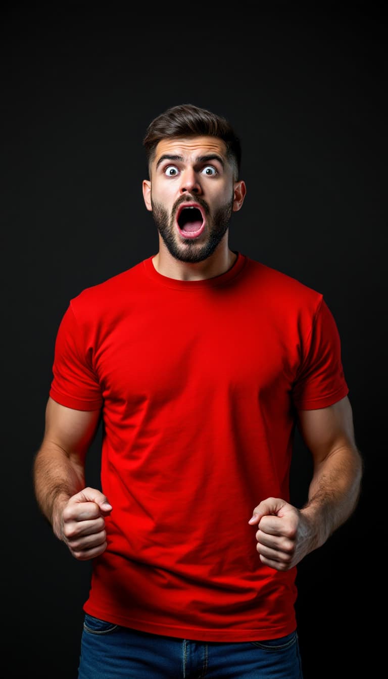 AI generated: Full body photograph of a stunned, handsome, caucasian man, open mouth, short burst-taper dark hair,...