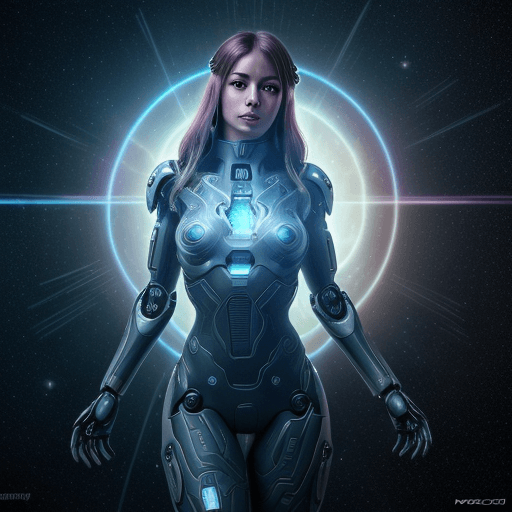 AI generated: an award winning photograph of a beautiful woman, halo, intricate cyberpunk robot, highly detailed, ...