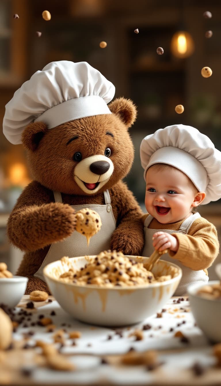AI generated: hyper realistic happy toddler baby and baby bear both wearing floppy chef hats, mixing a giant bowl ...