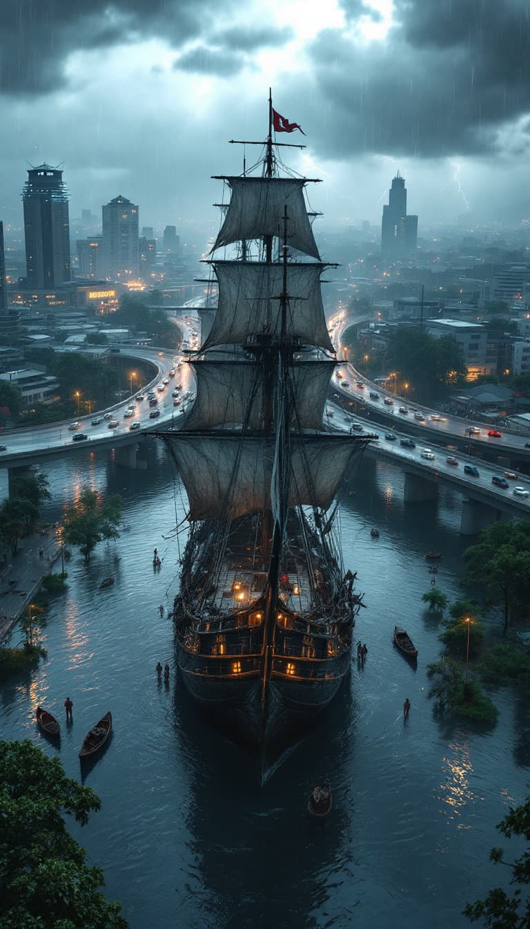 AI generated: Create a hyper-realistic bird’s-eye view of a 16th-century pirate ship stranded in the middle of a f...