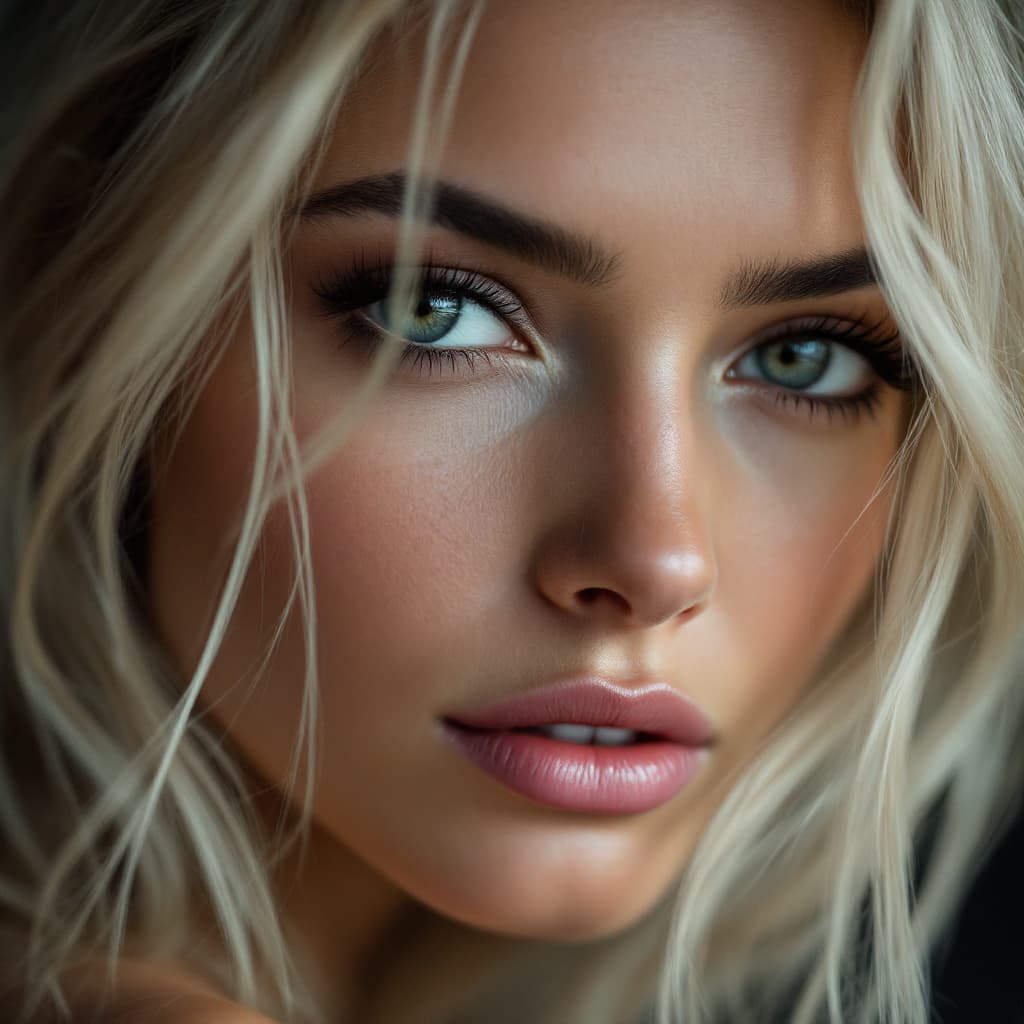 AI generated: Close-up portrait of a woman from Iran, no makeup just natural, short ash blonde hair, thick and nat...