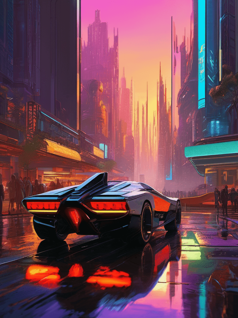 AI generated: A futuristic cyberpunk cityscape at sunset, towering skyscrapers, flying cars, neon lights reflectin...