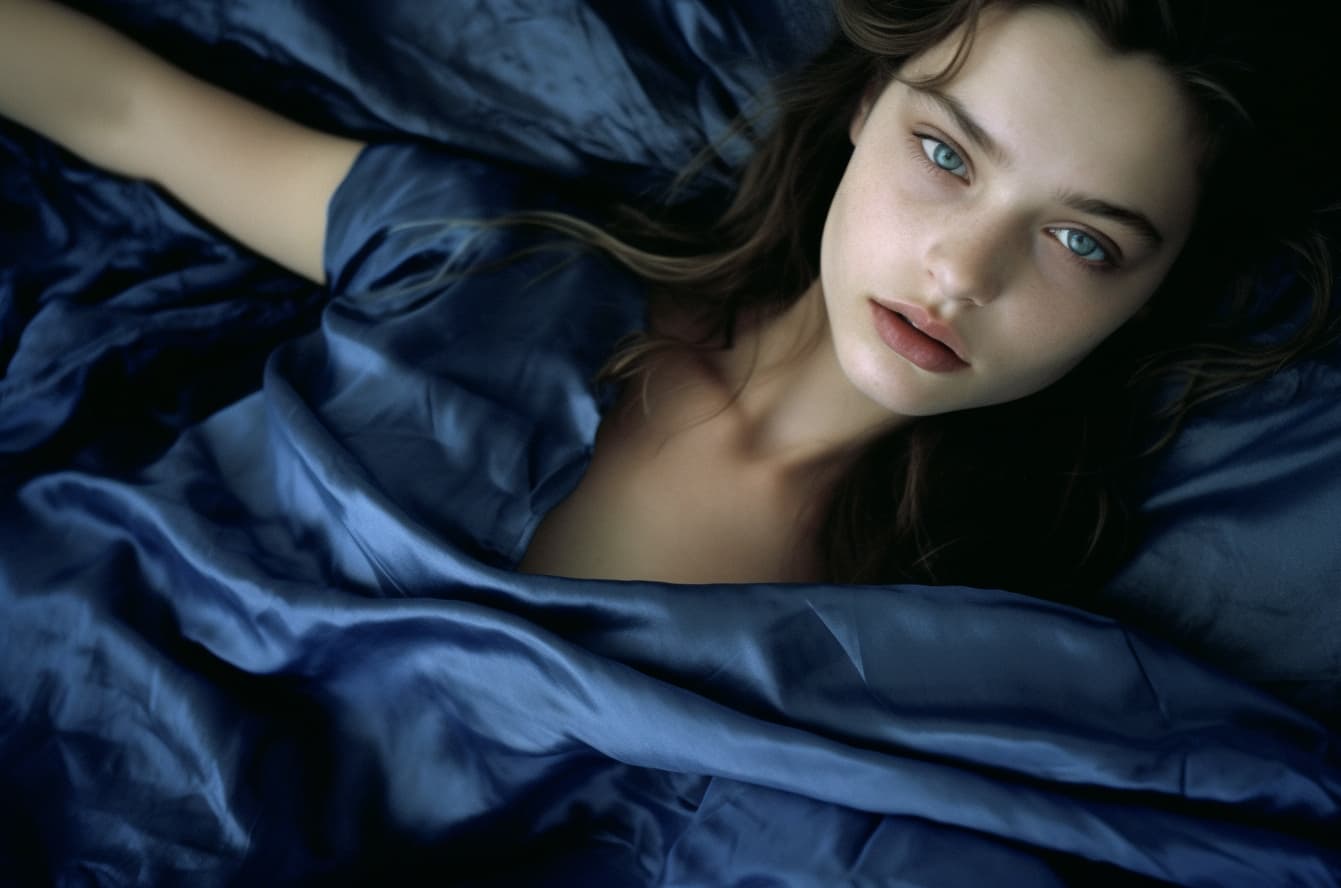 AI generated: a woman in a blue dress laying on the ground, a picture, by Peter Lindbergh, renaissance, kristine f...
