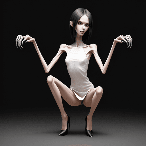 AI generated: very skinny slender girl, with long curved claws, with skinny legs and long skinny calves in high he...