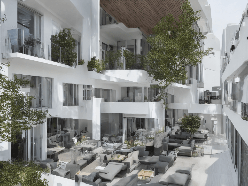 AI generated: 8 meters long and 1.6 meters wide balcony, floor-to-ceiling windows, three-tier flower shelves, loun...