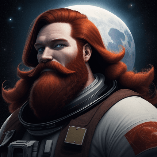 AI generated:  high quality foto of a big happy man, long dark red beard, dark looking white eyes, in space, cyper...