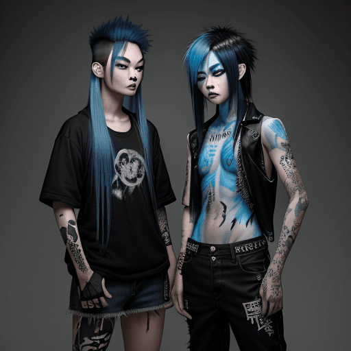 AI generated: Two young Asian punk teens, standing, fit bodies, long blue Dyed Hair with alternative look, With He...