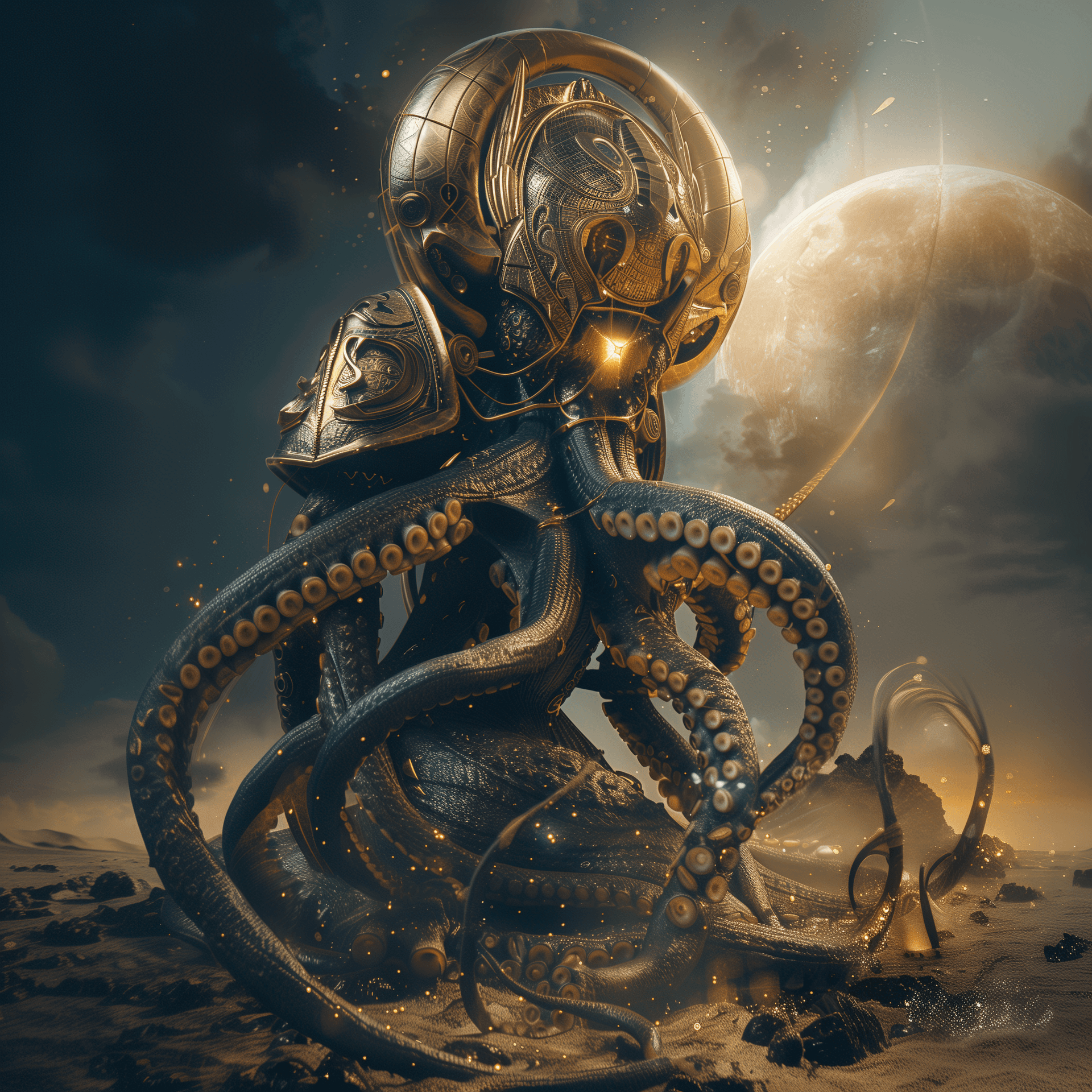 AI generated: A surreal digital artwork of an octopus wearing a golden steampunk helmet and holding mechanical ten...