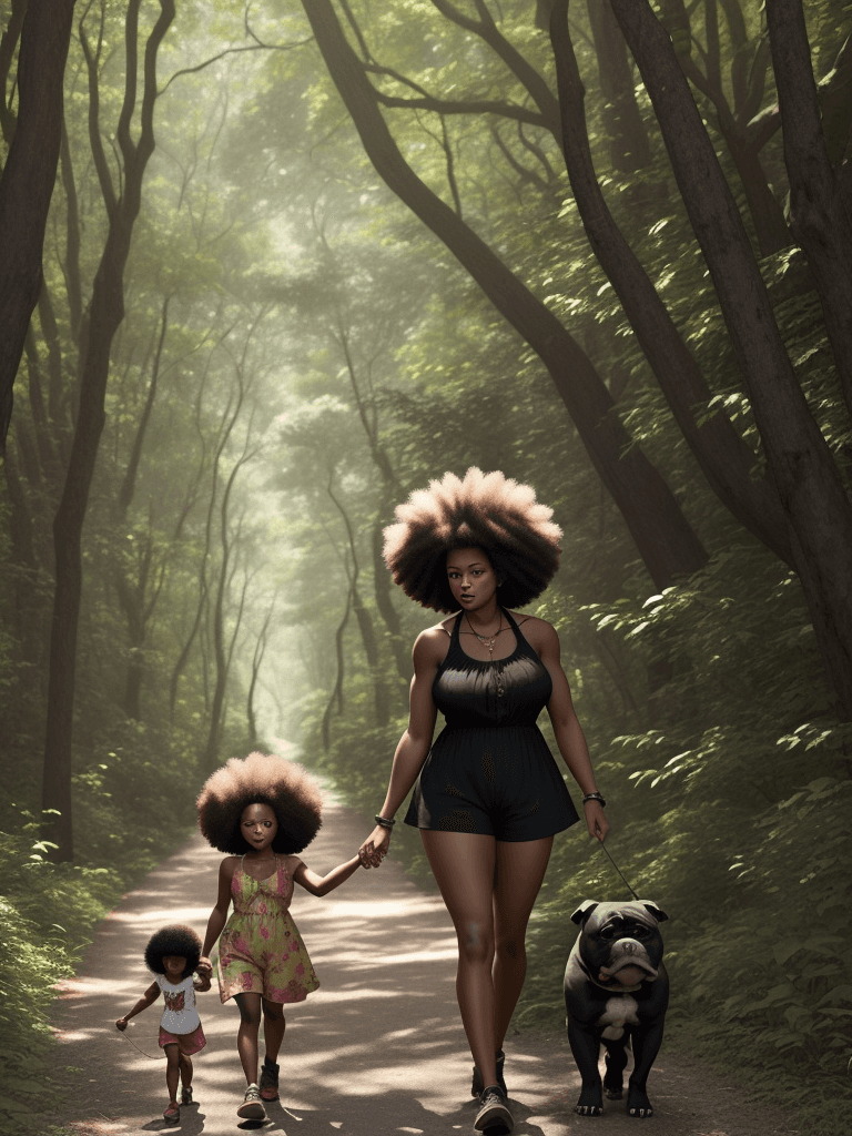 AI generated: black woman and child, walking in the forest, afros, woman in sundress, child in shorts, american bu...