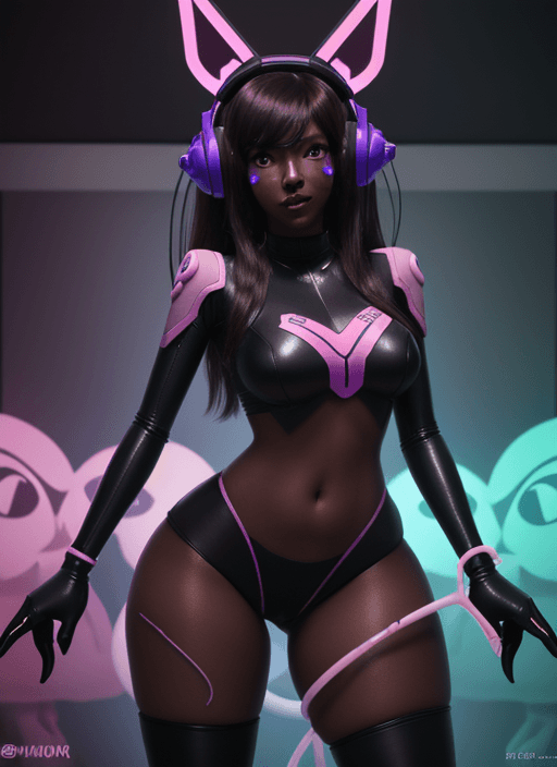 AI generated: D.va, hypnosis, futuristic tech, dark skin, thick thighs, evil. puppet, splatoon, inkling