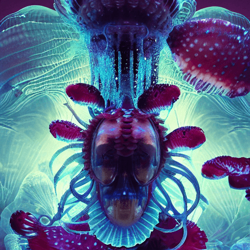 AI generated: goddess close-up portrait ribcagel. jellyfish phoenix head, nautilus, orchid, skull, betta fish, bio...