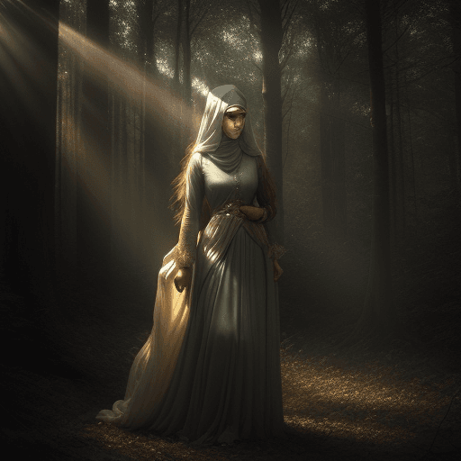 AI generated: mystical and beautiful woods, beautiful sunbeams through the foliage, realistic face, prpporcional f...