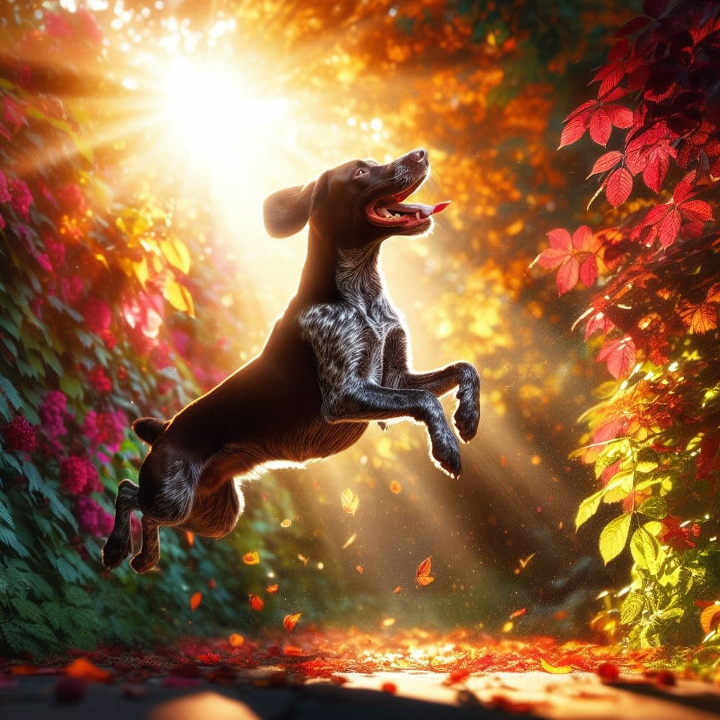 AI generated: Present a German Shorthaired dog in a moment of pure joy, perhaps mid-leap, against a backdrop of vi...