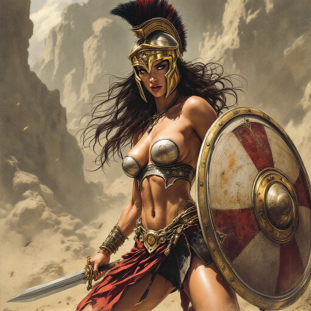 AI generated: Comic book realistic illustration, full body shot of a young gorgeous Spartan woman with thick aesth...