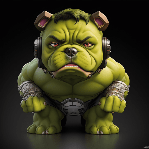 AI generated: Puppy dog with costum hulk, elegant computer geek, chibi and real style, masterpiece, realistic phot...
