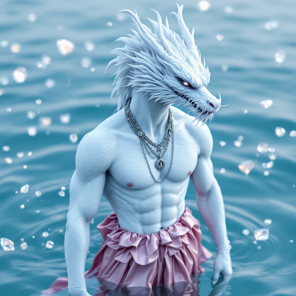 AI generated: A male model with white dragon 3d dragon face paint and silver necklaces in a metallic pink skirt, s...