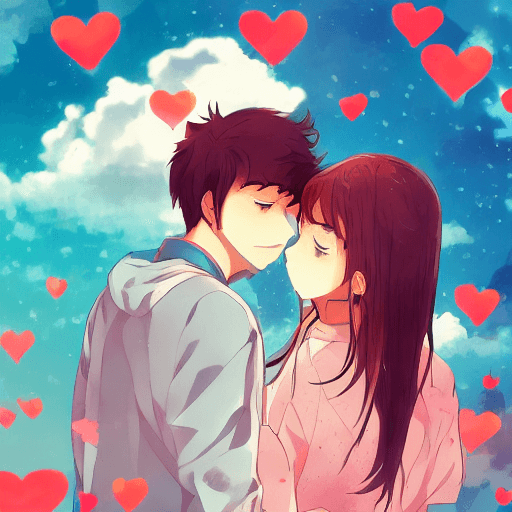 AI generated: anime art, adorable young couple showing affection and love, romantic, floating hearts, detailed, ci...
