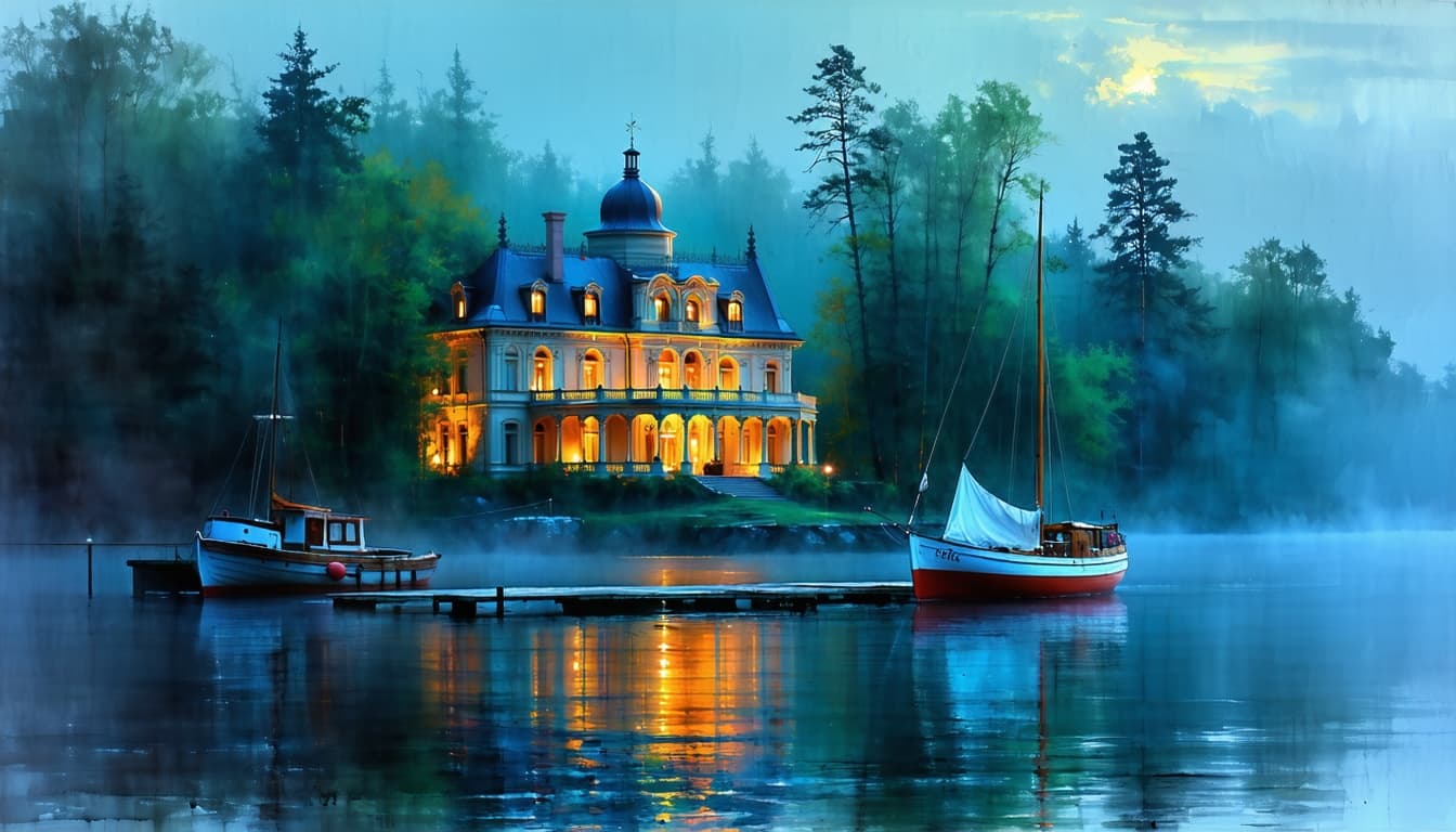 AI generated: Dreamy colors, allegorical style (art style by Casey Bo: 1.1), A magnificent mansion in front of a l...