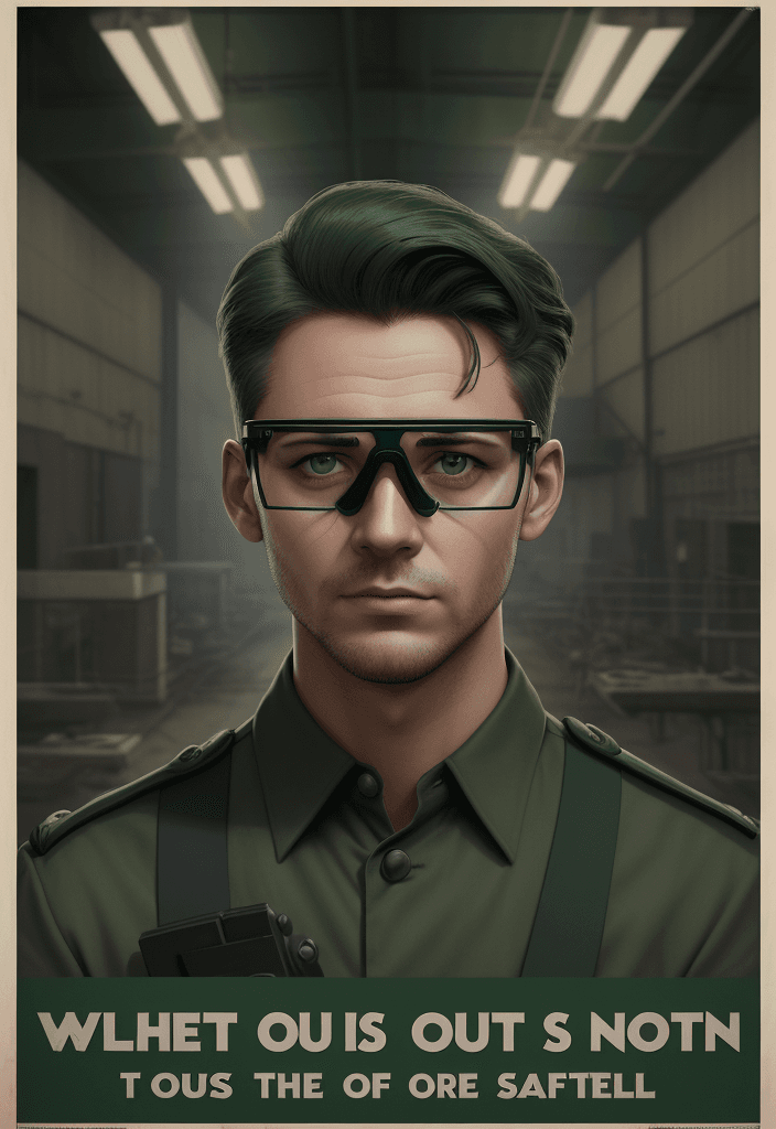 AI generated: Propaganda poster with place to write text about the need to use safety glasses, on poster a man in ...
