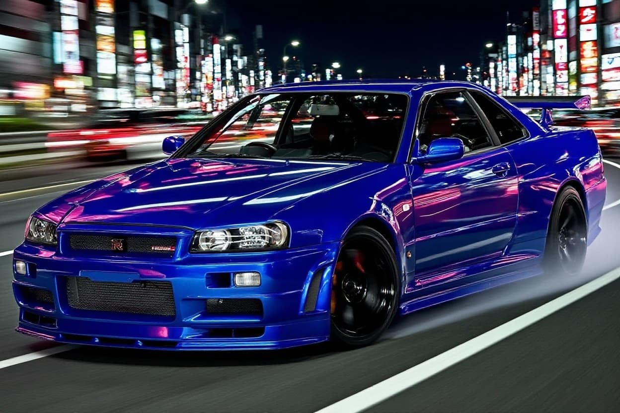 AI generated: professional automotive cinematography, vehicle from reference image identical styling, drifting at ...