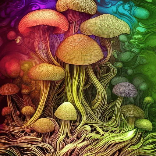 AI generated: A bioluminescent mushroom forest, amazingly fluid, detailed, 3d fractals, light particles, water dro...