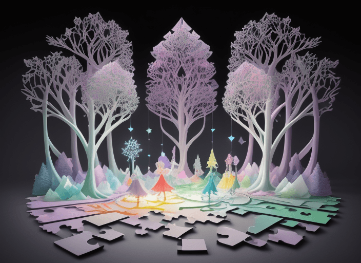 AI generated: Abstract Sophism, paper-cut, colorful, nature, Nordic, hyper realistic, 3d, breaking up into puzzle ...