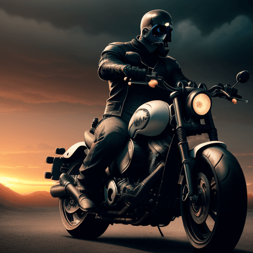 AI generated: anime, a manly skull ridding a black heavy Motorcycle, cover art, dramatic light, pale sunrise, cine...