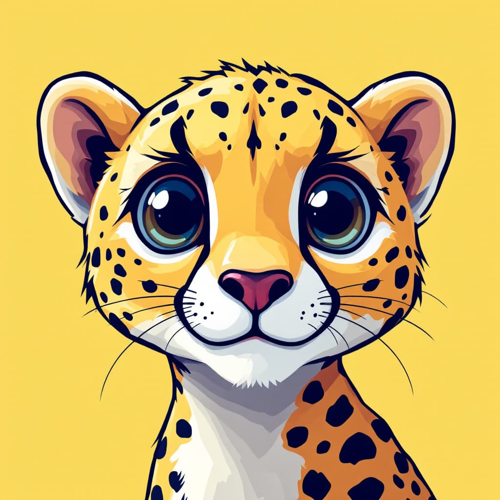 AI generated: illustration, vector cartoon-style, cute cheetah's face, zoom in, expressive eyes and a playful deme...