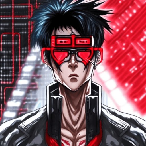 AI generated: A muscular Korean man with wild, crazy black hair, wearing heart-shaped red glasses. He is cyberneti...
