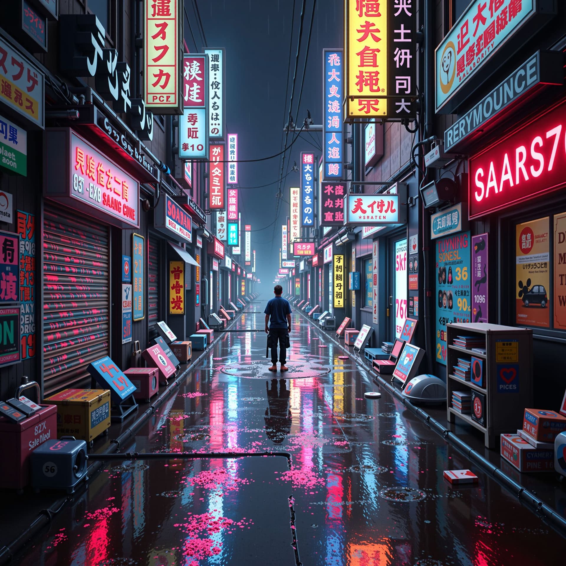 AI generated: A lone figure centered in a neon-lit alley made from recycled tech debris, surrounded by loneliness ...